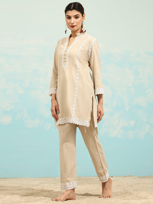 Farheen in Chikankari CO-ORD Set In for Women In Beige