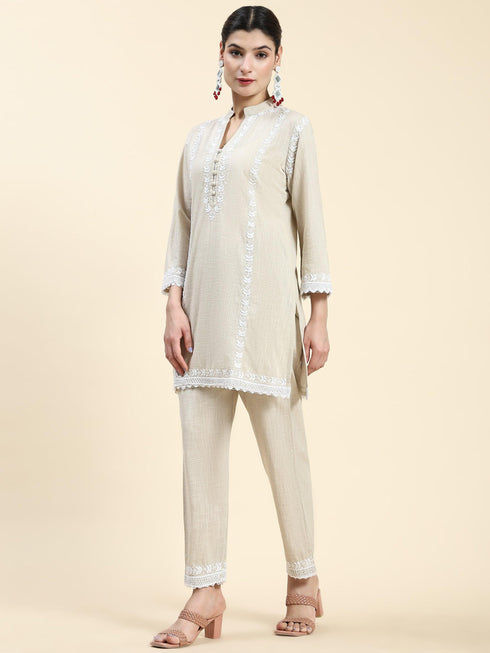 Farheen in Chikankari CO-ORD Set In for Women In Beige