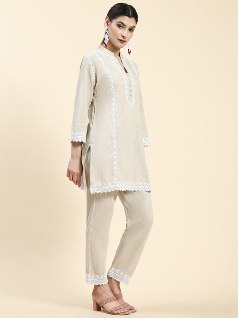 Samma Chikankari CO-ORD Set In for Women In Beige