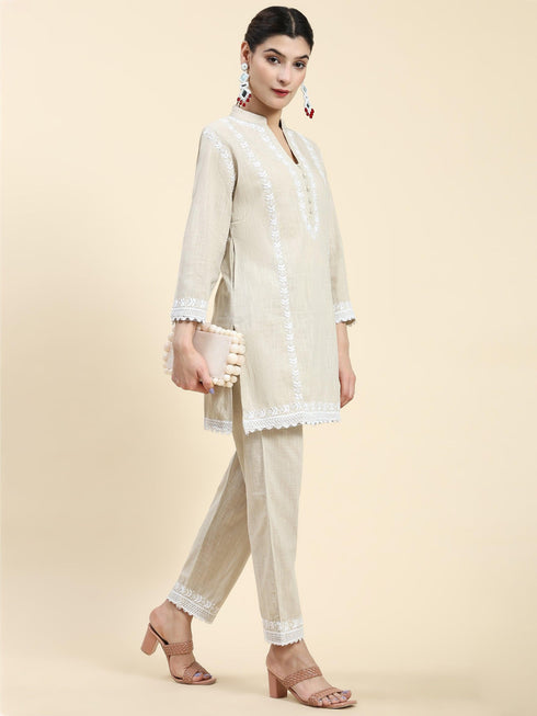 Farheen in Chikankari CO-ORD Set In for Women In Beige