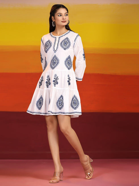 Samma Chikankari Dress In Cotton for Women-White With Blue