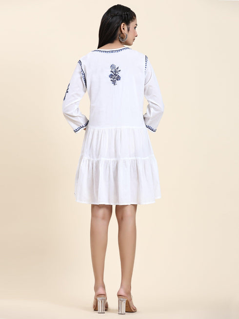 Samma Chikankari Dress In Cotton for Women-White With Blue