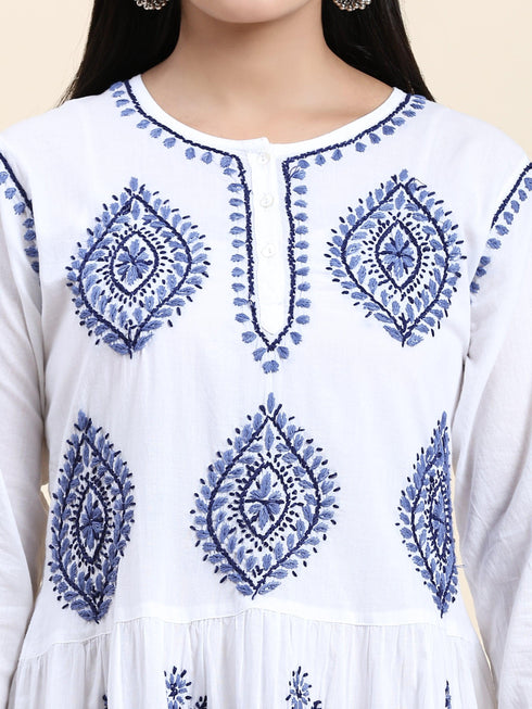 Samma Chikankari Dress In Cotton for Women-White With Blue