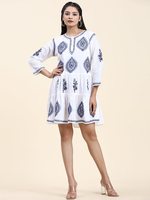 Samma Chikankari Dress In Cotton for Women-White With Blue