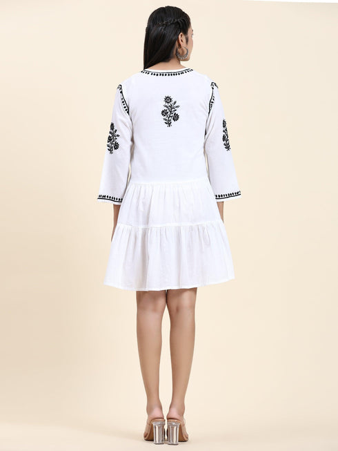Samma Chikankari Dress In Cotton for Women- White With Black