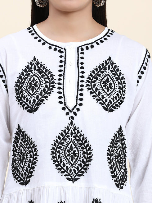 Samma Chikankari Dress In Cotton for Women- White With Black