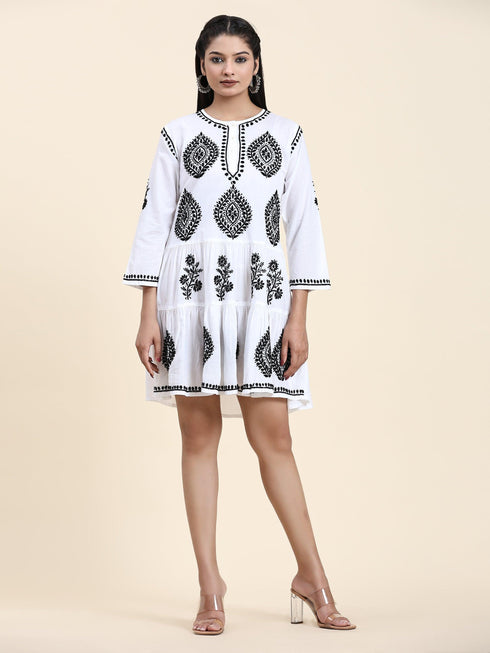 Samma Chikankari Dress In Cotton for Women- White With Black