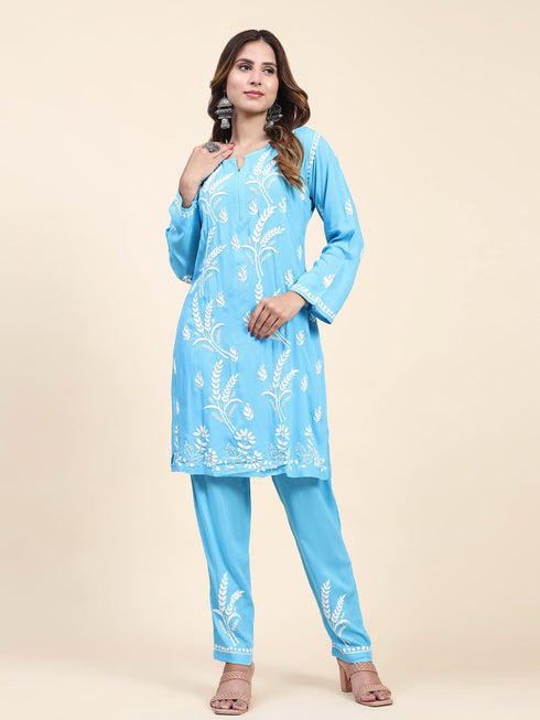 Fizaa Chikankari Short Modal Kurta Set - Blue