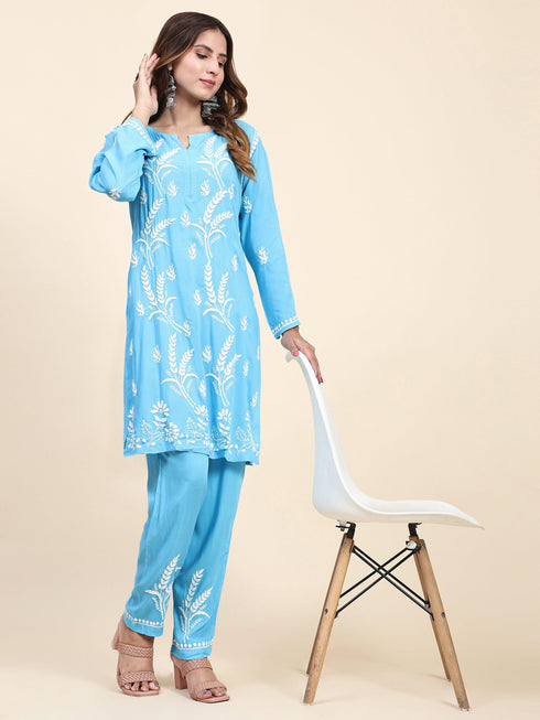 Fizaa Chikankari Short Modal Kurta Set - Blue
