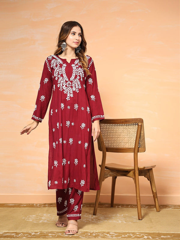 Fizaa Chikankari Long Modal Kurta Set - Maroon