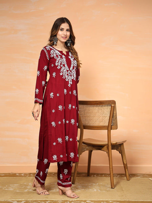 Fizaa Chikankari Long Modal Kurta Set - Maroon