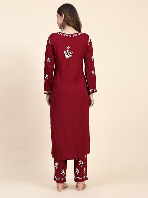 Fizaa Chikankari Long Modal Kurta Set - Maroon