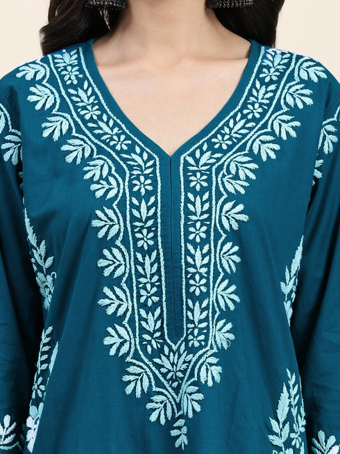 Fizaa Chikankari Long Kurta in Cotton for Women- Turquoise Blue