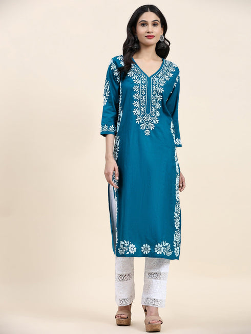 Fizaa Chikankari Long Kurta in Cotton for Women- Turquoise Blue