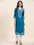 Fizaa Chikankari Long Kurta in Cotton for Women- Turquoise Blue