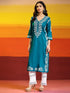 Fizaa Chikankari Long Kurta in Cotton for Women- Turquoise Blue