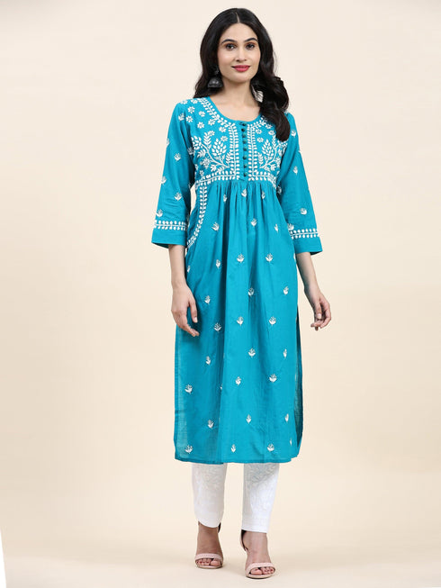 Samma Chikankari Long kurti In Cotton for Women- Sea Green