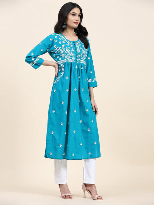 Samma Chikankari Long kurti In Cotton for Women- Sea Green