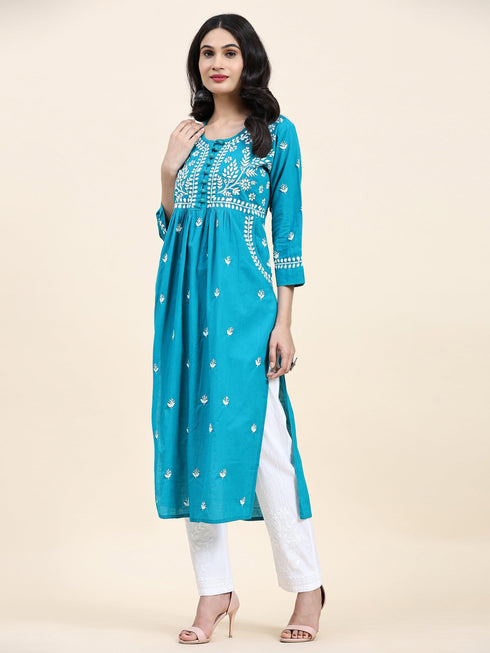 Samma Chikankari Long kurti In Cotton for Women- Sea Green