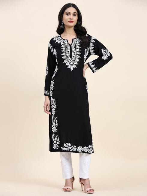 Fizaa Chikankari Long Kurta in Rayon Cotton for Women- Black