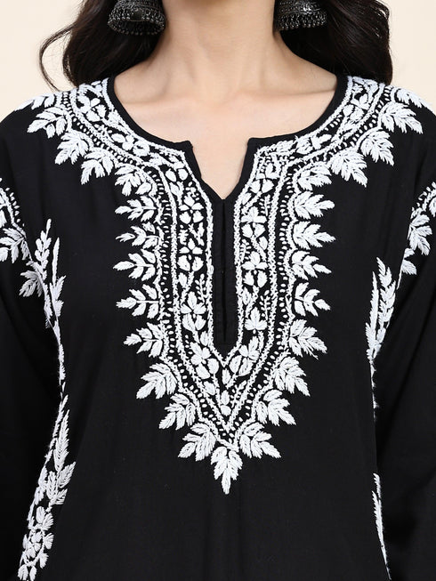 Fizaa Chikankari Long Kurta in Rayon Cotton for Women- Black
