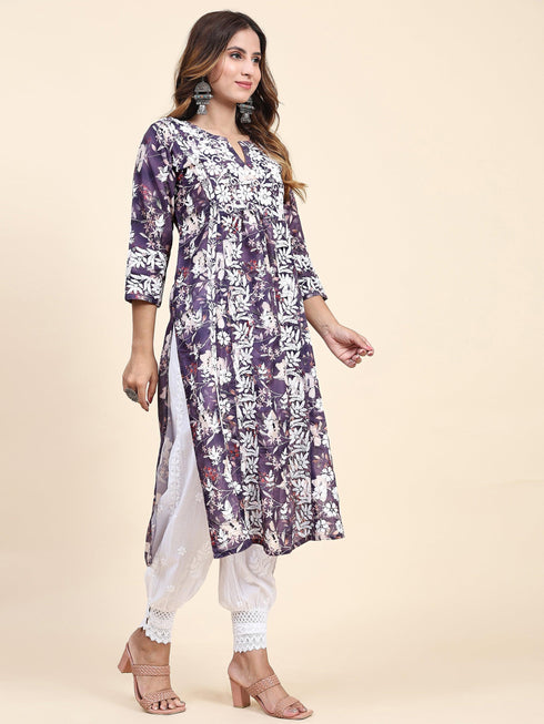 Fizaa Chikankari Long Kurta in Muslin Cotton for Women- Purple Print