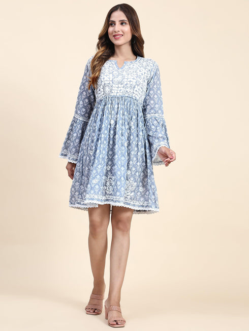 Amita in Saba Chikankari Dress in Mul cotton - Blue
