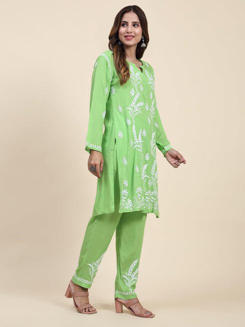Fizaa Chikankari Short Modal Kurta Set - Green