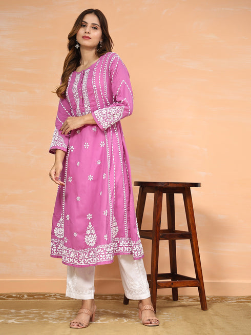 Fizaa Chikankari Long Kurta In Cotton For Women-Purple