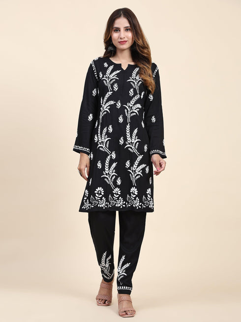 Fizaa Chikankari Short Modal Kurta Set - Black