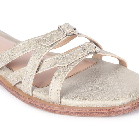 Women's Flat Slide Sandal with Criss-Cross Straps & Buckles