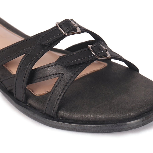 Women's Flat Slide Sandal with Criss-Cross Straps & Buckles