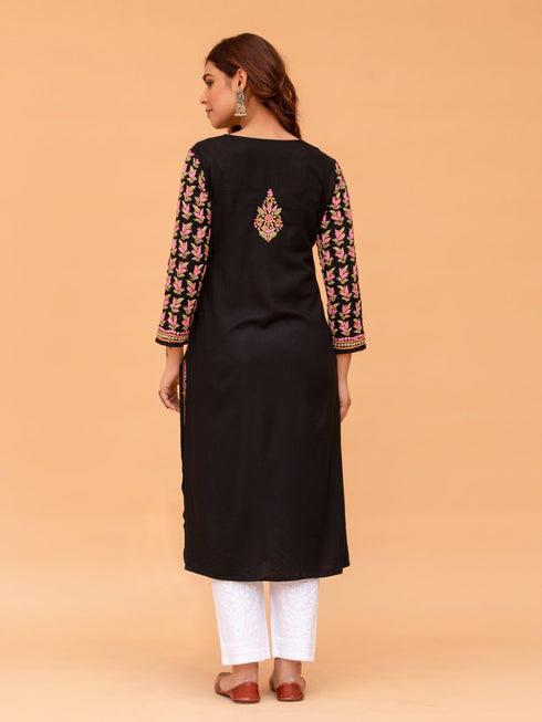 Komal x HOK Saba Chikankari Long Kurta in Rayon Cotton - Black