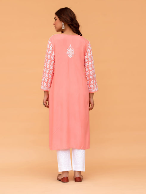 Saba Chikankari Long Kurta in Rayon cotton - Pink