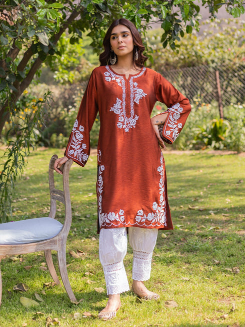 Saba Chikankari Long Kurta in Barfi Silk - Chutney