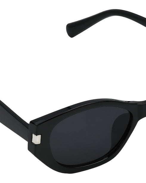 Women Black & Silver Toned UV Protected Black Lens Oval Sunglasses