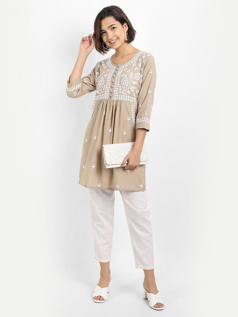 Sakshi & Jinal in Chikankari Hand embroidery tunic-Brown