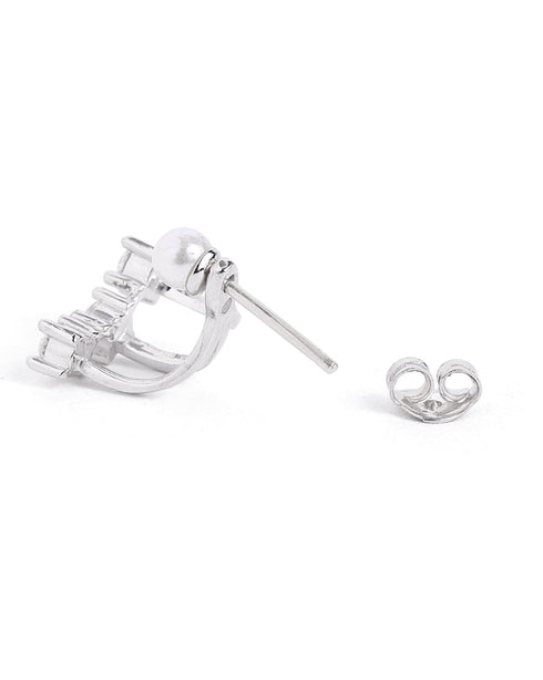 Rhodium Plated CZ Pearl Ear Jacket Earring