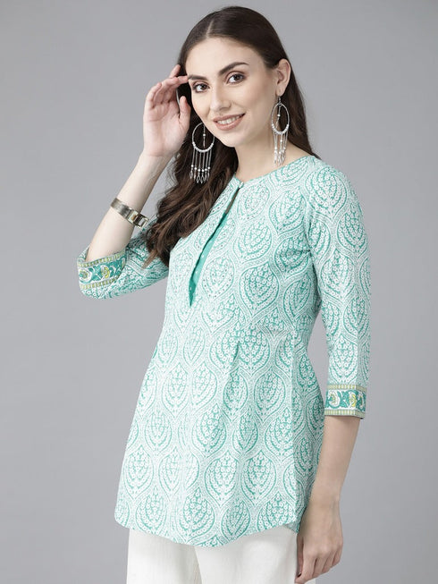 Women Sea Green & White Ethnic Motifs Printed Sequinned Pure Cotton Kurti