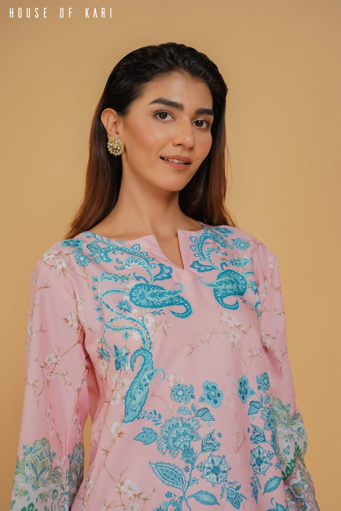 Printkari Poly Muslin Co-ord set in Pink & Sky Blue