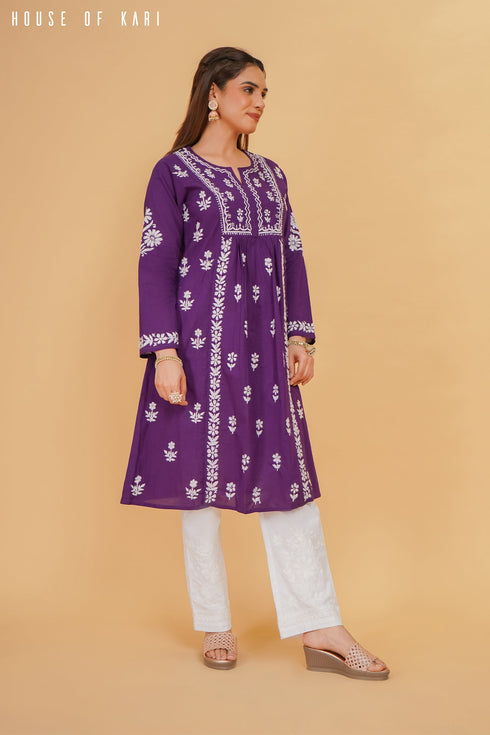 Cotton Chikankari Flared Kurta in Purple