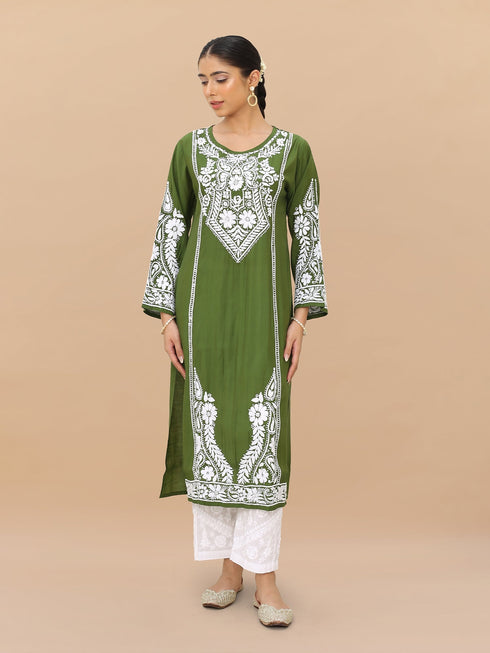 Saba Chikankari Long Kurti in Modal Silk - Green