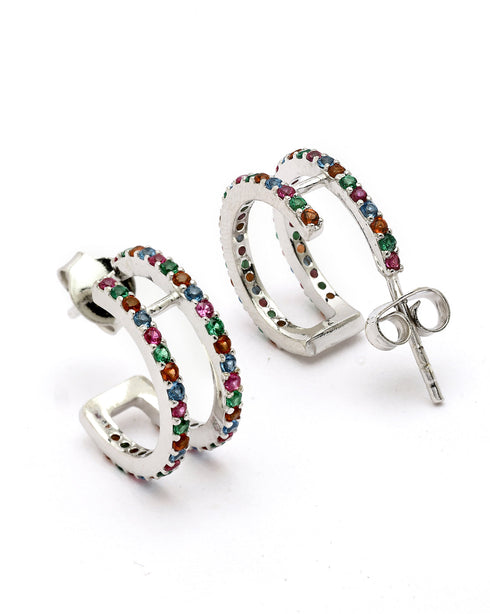 Rhodium Plated Multi Colour CZ Half Hoop Earring