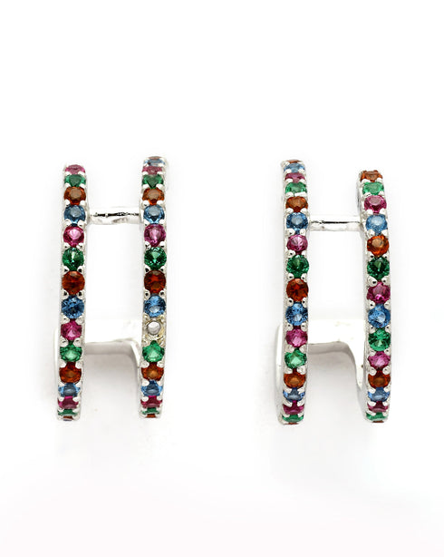 Rhodium Plated Multi Colour CZ Half Hoop Earring
