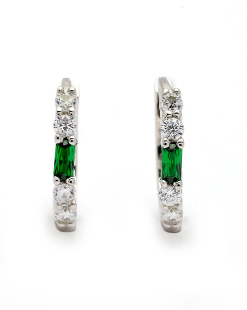925 Sterling Silver Rhodium Plated Green CZ Hoop Earring