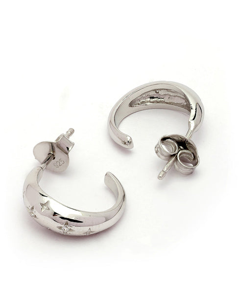 925 Sterling Silver Rhodium Plated Bejeweled CZ Half Hoop Earring