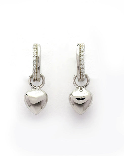 925 Sterling Silver Rhodium Plated CZ Dangling Heart Hoop Earring