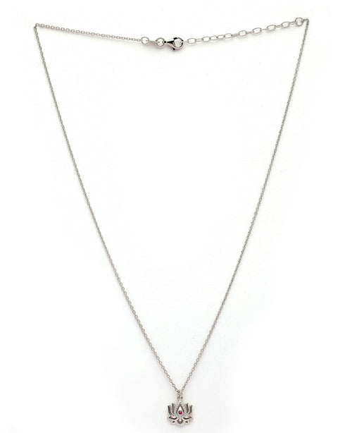 925 Sterling Silver Rhodium Plated Red CZ Lotus Pendant and Chain