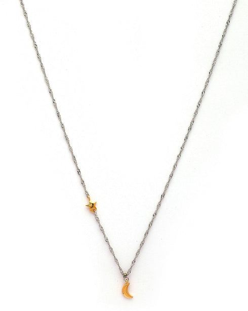 925 Sterling Silver Dual Toned Plated Moon and Star Charm Necklace