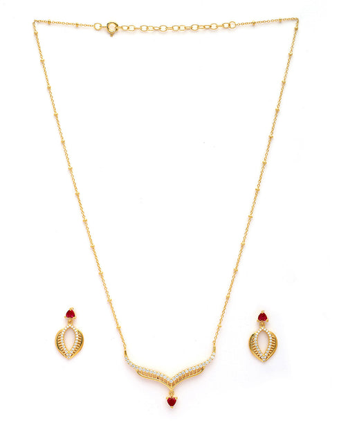 18kt Gold Plated Red CZ Heart Necklace and Earring Set